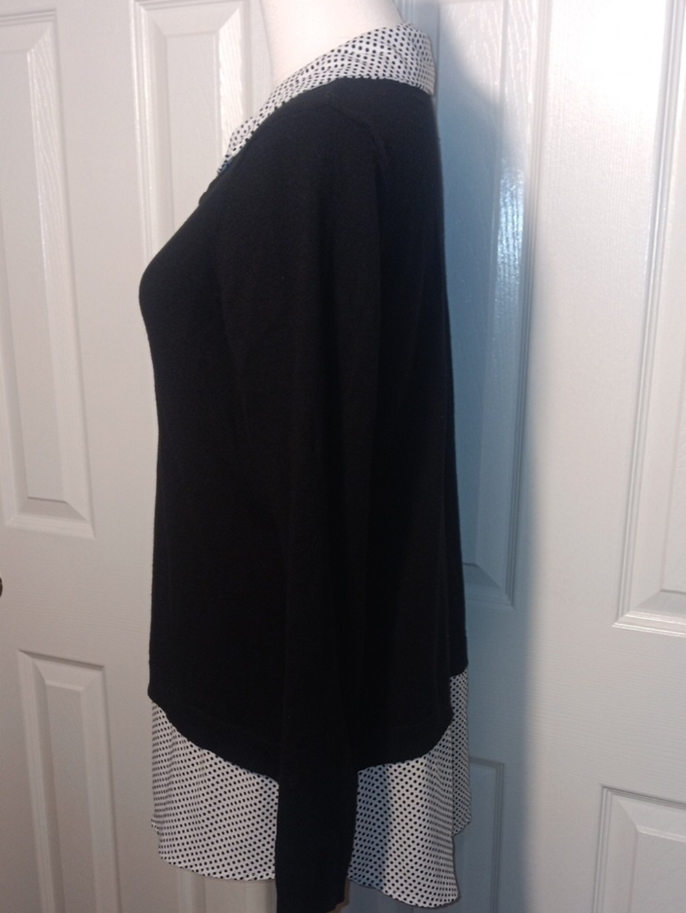 Adrianna Papell Black Layered Twofer Sweater Polka Dot Collar Hem - Picture 4 of 12